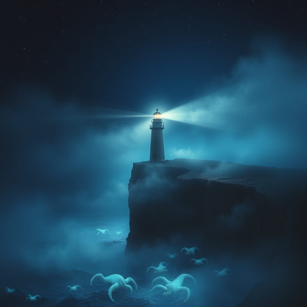 Moody Lighthouse in Fog on Jagged Cliff, Film Noir Lighting