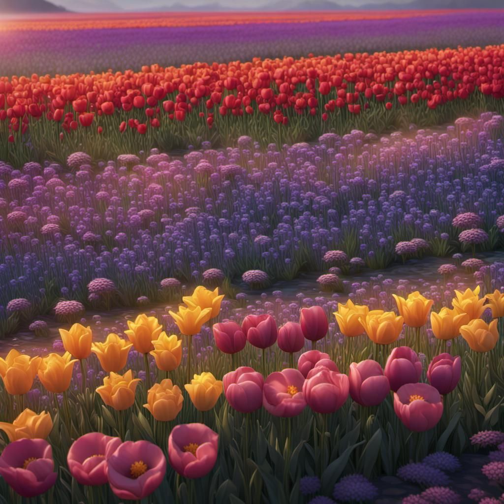 a flower field with tulip lavendel poppy rose violet daffodil ochid