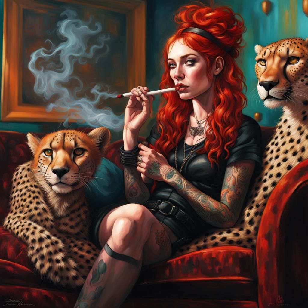 Redhead Goth Smoking with Splash Art Style