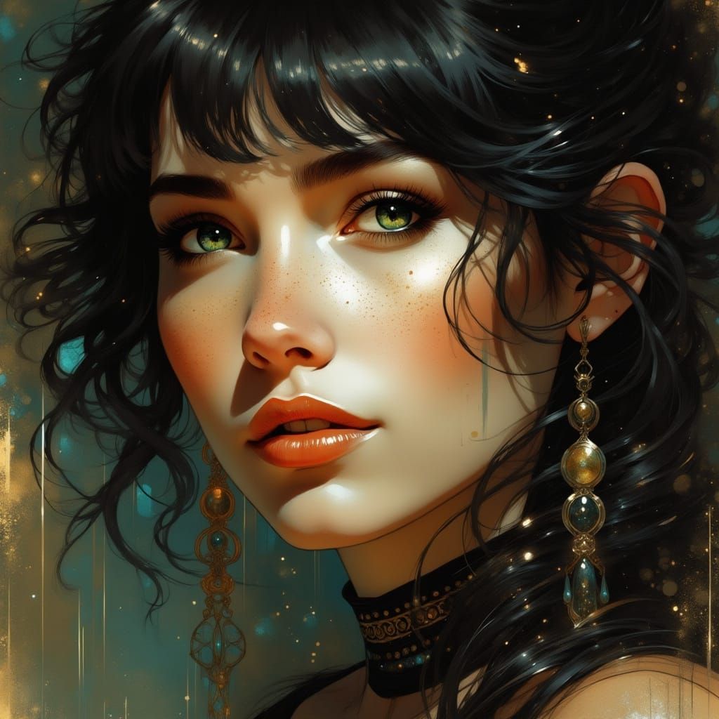 Ethereal Woman with Gothic Makeup and Freckles