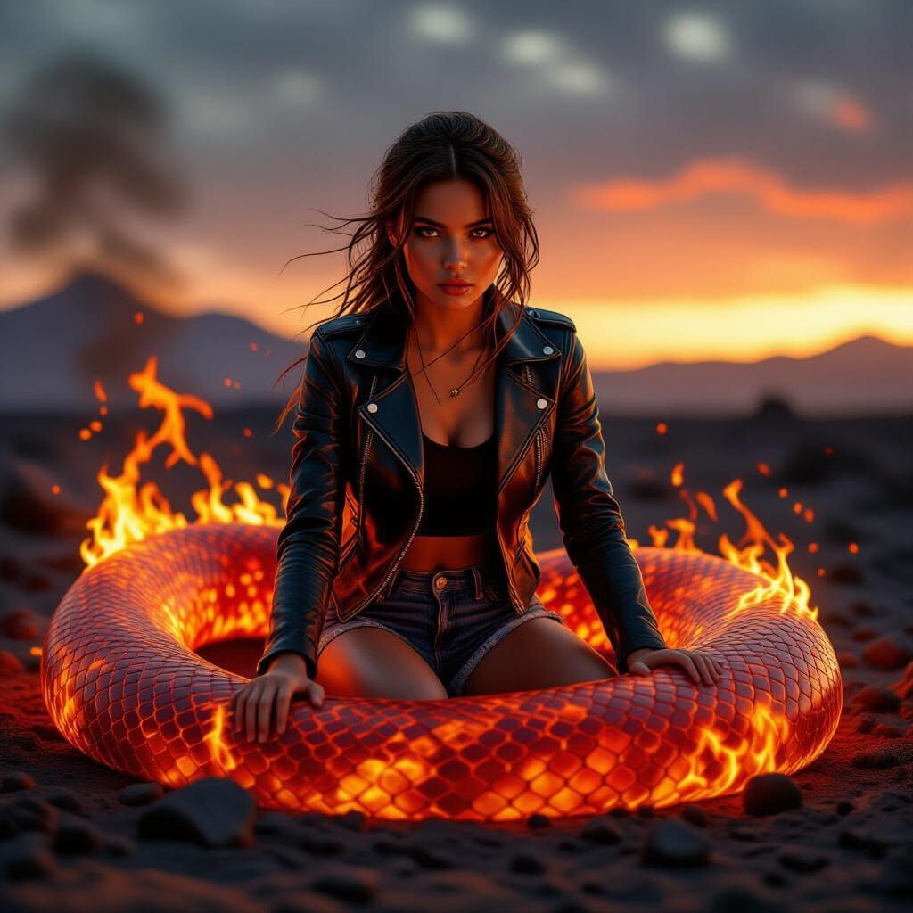 Young Woman Rides Giant Fire Serpent in Volcanic Landscape