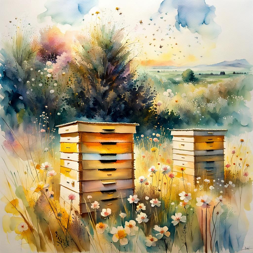 Beehives in Meadow: Stylized Watercolor Art