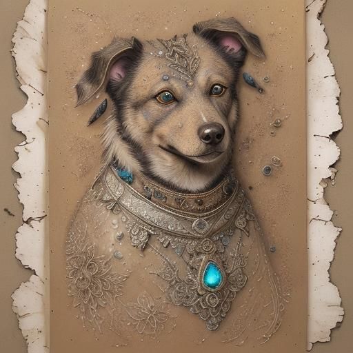 Dog Drawing in Mixed Media with Contrasted Colors