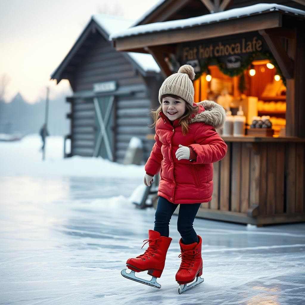Girl Skating on Frozen Lake in Winter Scene
