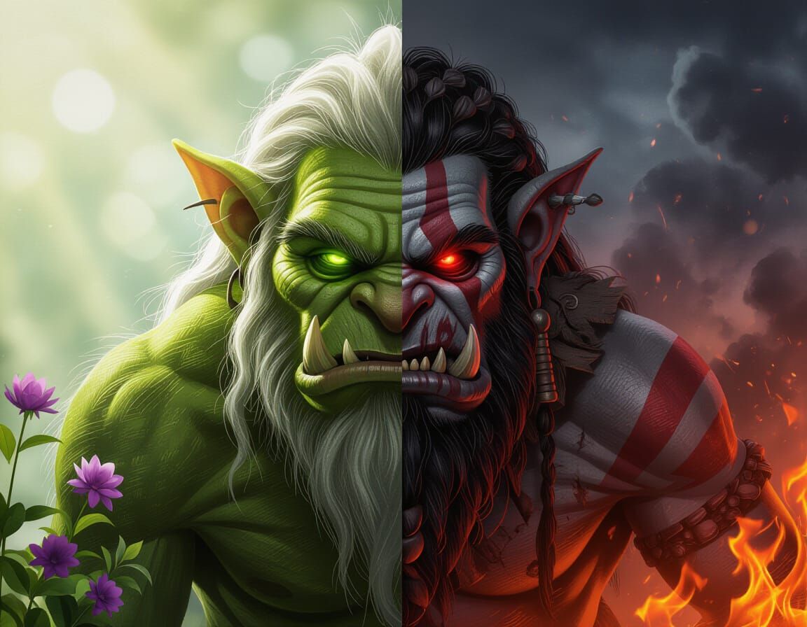 Split Portrait of an Ancient Green Troll