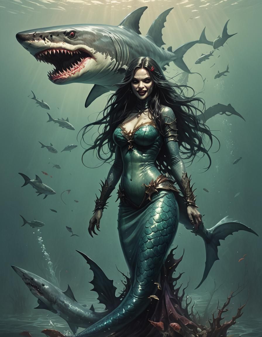 Creepy Horror Shark Mermaid: Sinister Digital Art