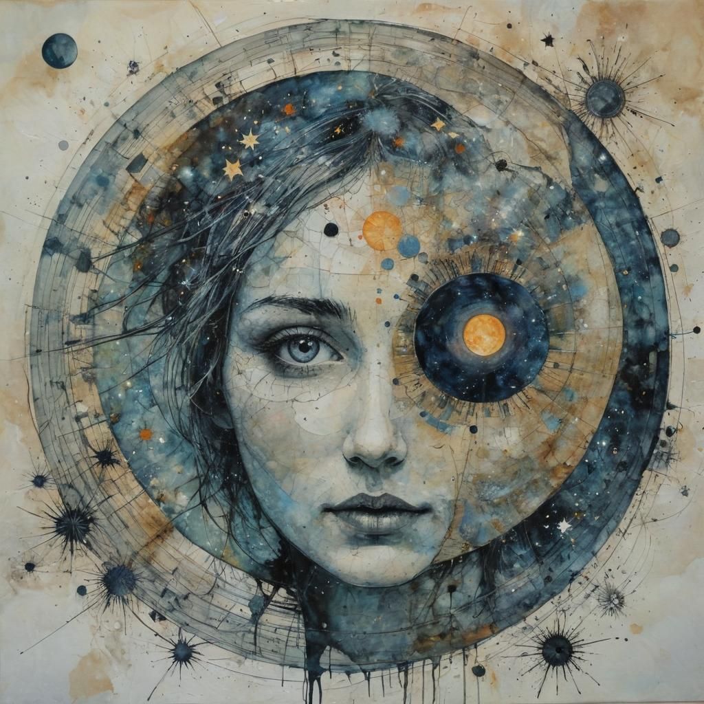 Intricately Detailed Cosmic Portrait in Encaustic Style