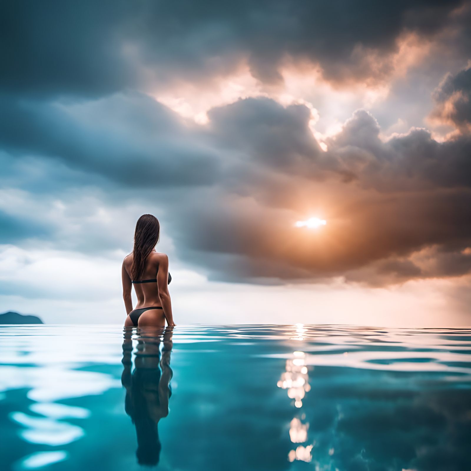 Hyperrealistic Woman in Infinity Pool at Sunset