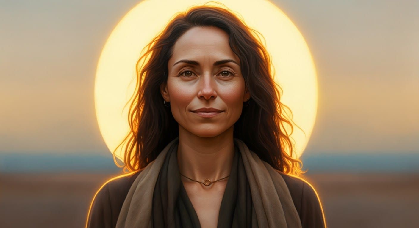 Confident Woman in Serene Landscape: Soft Realism