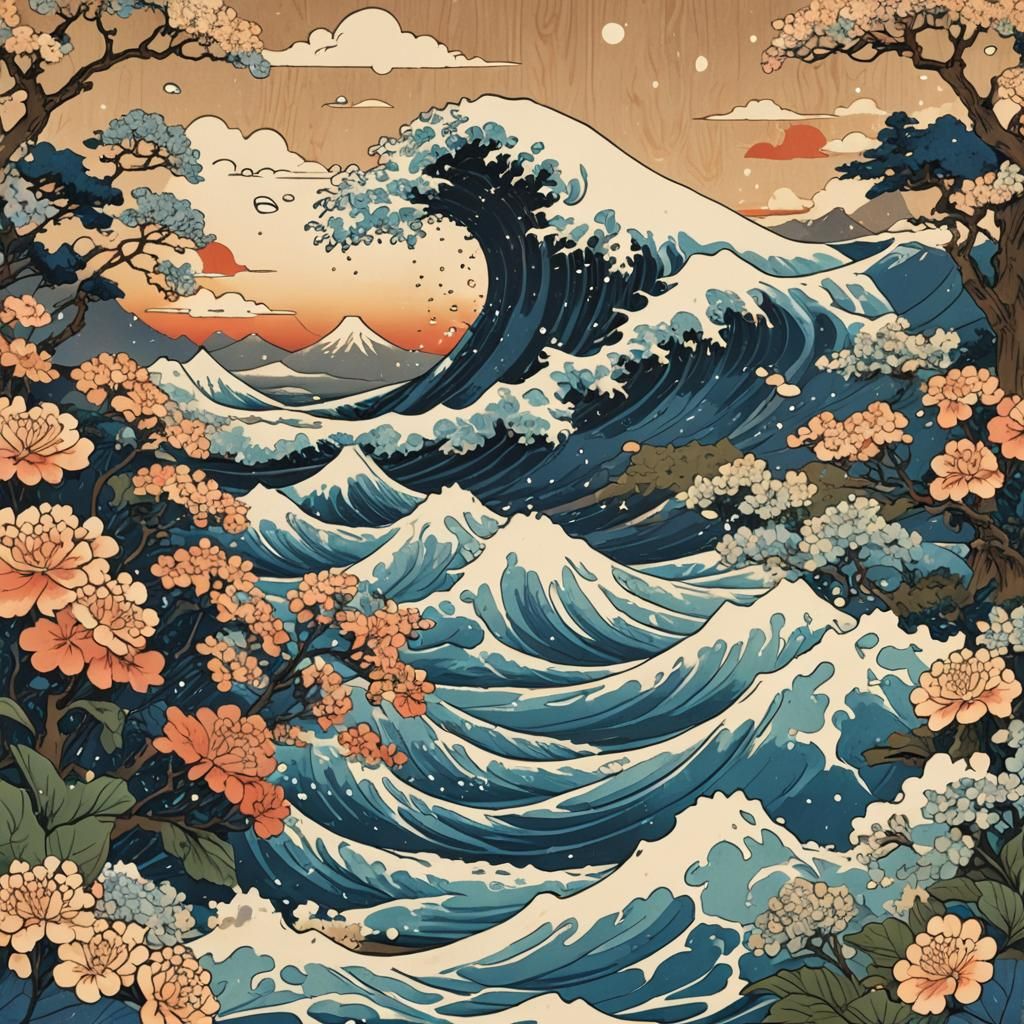 Ukiyo-e Wave with Hydrangea Flowers near Mount Fuji