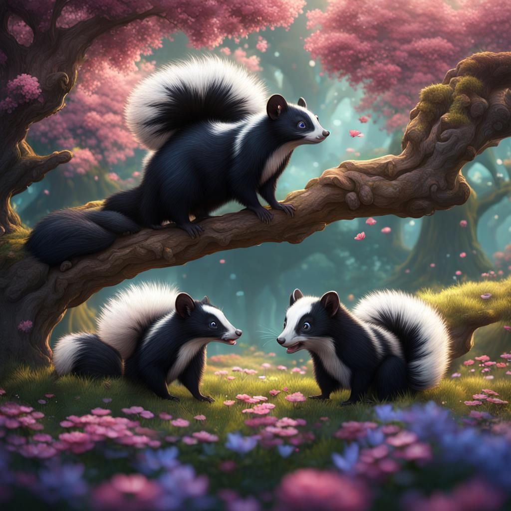 Skunks Frolicking in a Fantastical Flower Garden