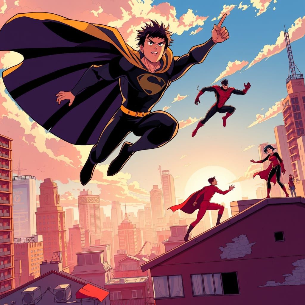 Dynamic Anime Superheroes in Bustling Cityscape