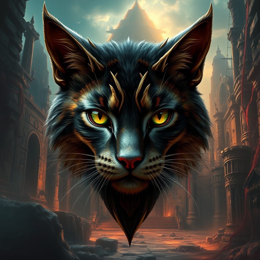 Mystical Cat in Dark Fantasy Ruins