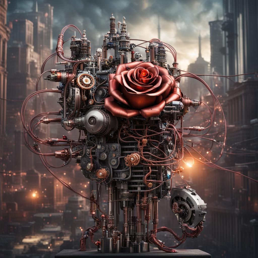 Cyborg Steampunk Rose in Bodypunk Cityscape