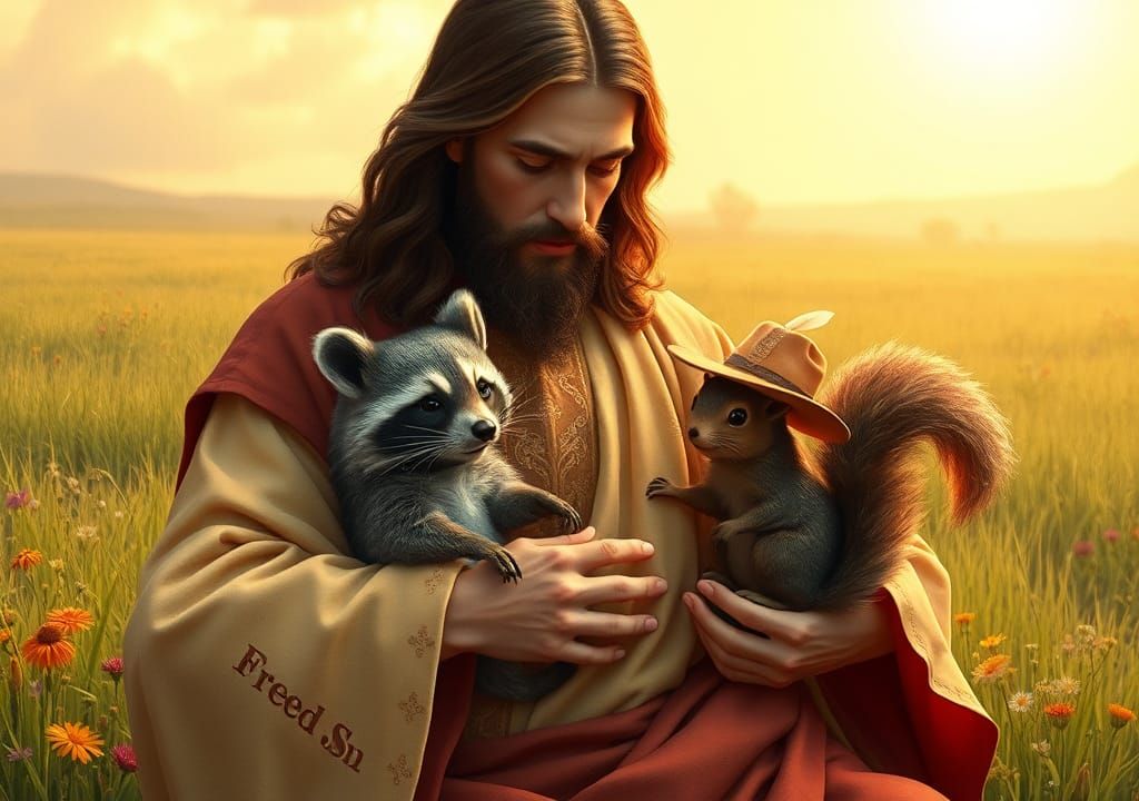 Jesus Christ with Raccoon and Cowboy Hat Squirrel