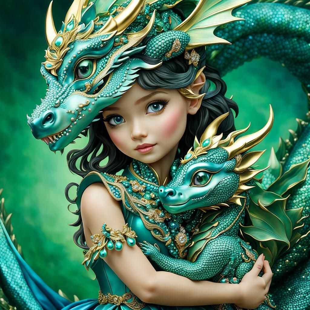 Girl Holds Pearl Dragon with Gemstones and Gold