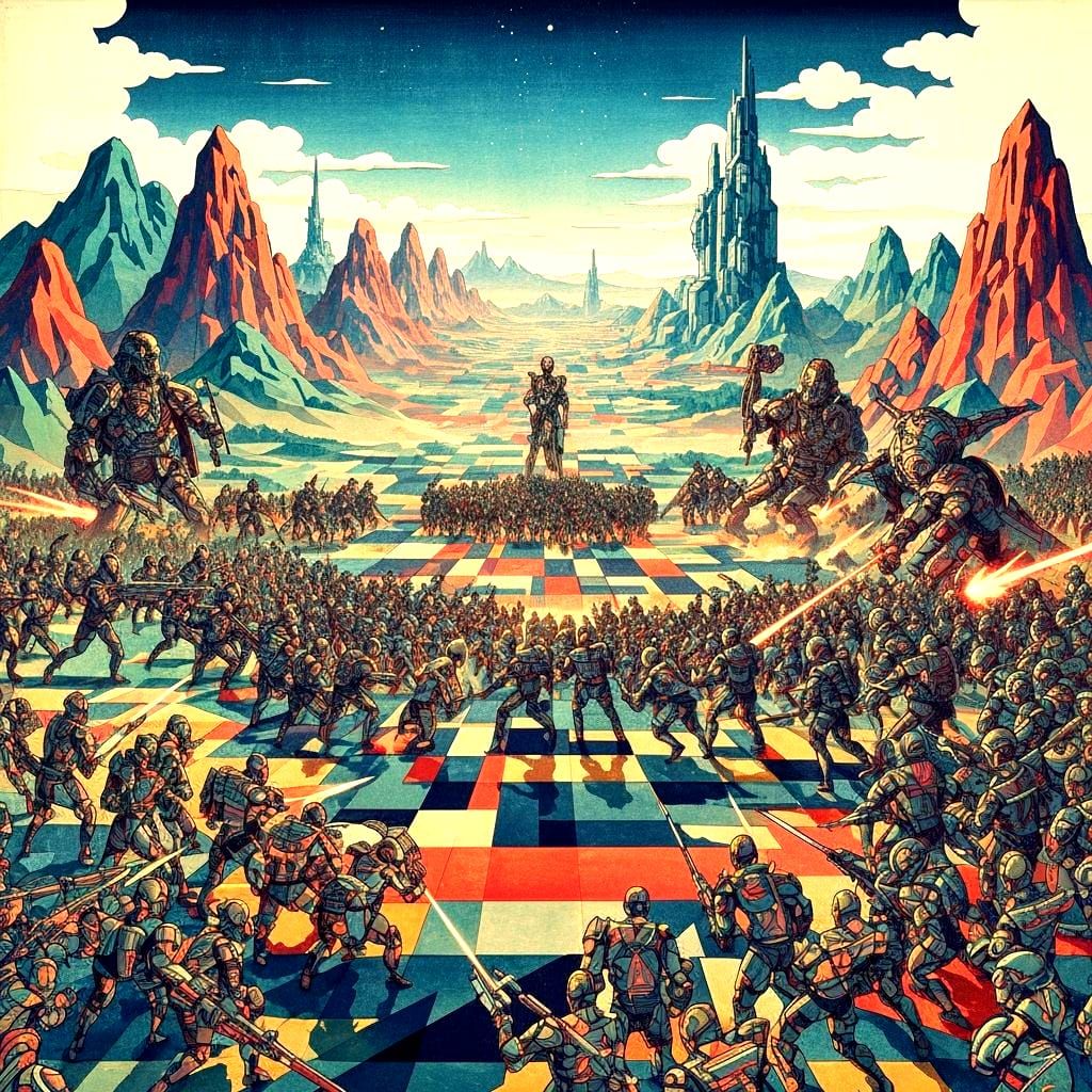 Vivid ukiyo-e style cubist and futuristic Galaxy Empire..  g...