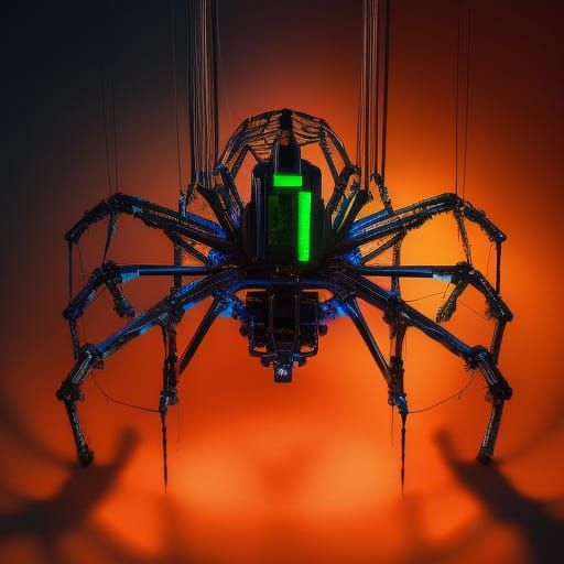 Mechanical Spider on Neon Web in Cyberpunk Style