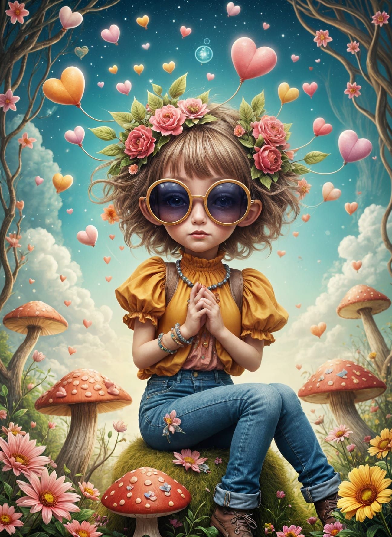 Whimsical Girl Blowing Kisses with Floating Hearts