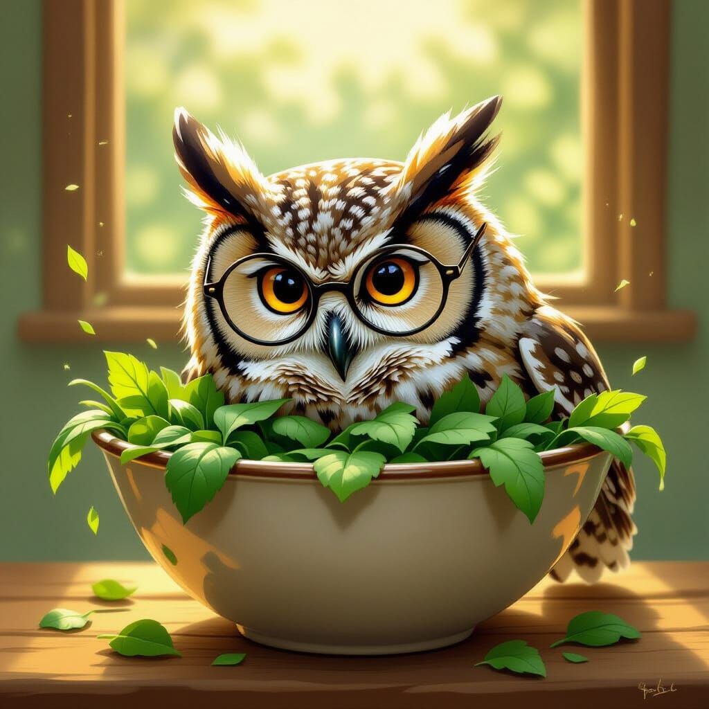 Wise Owl Dives Headfirst into Spinach Bowl