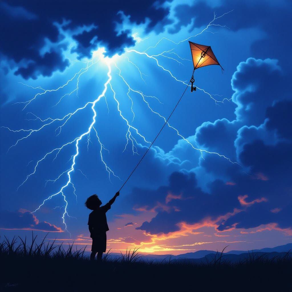 Boy Flying Kite in Lightning Storm with Key, Romantic Style