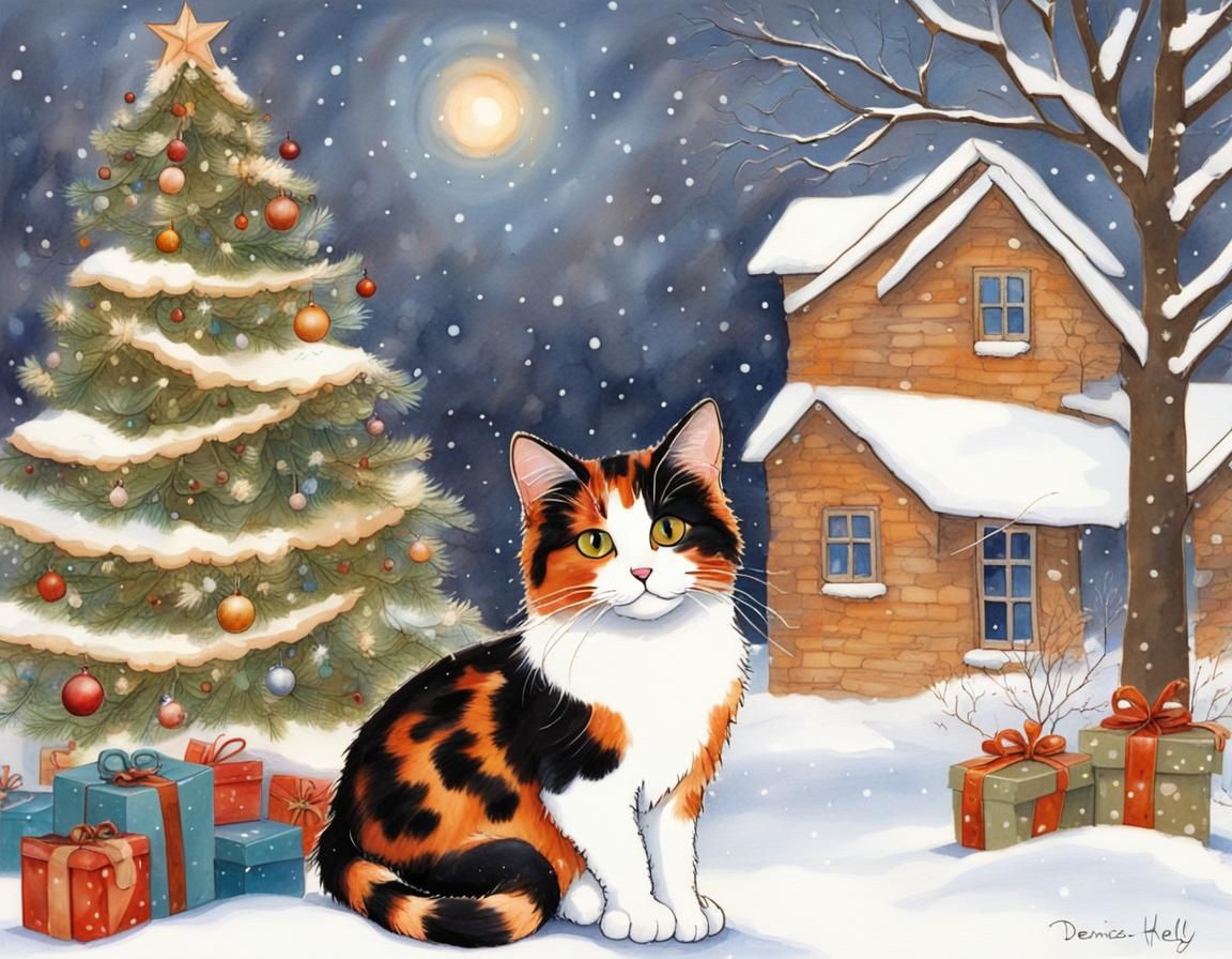 Calico Cat Christmas Tree in Holly Hobbie Style