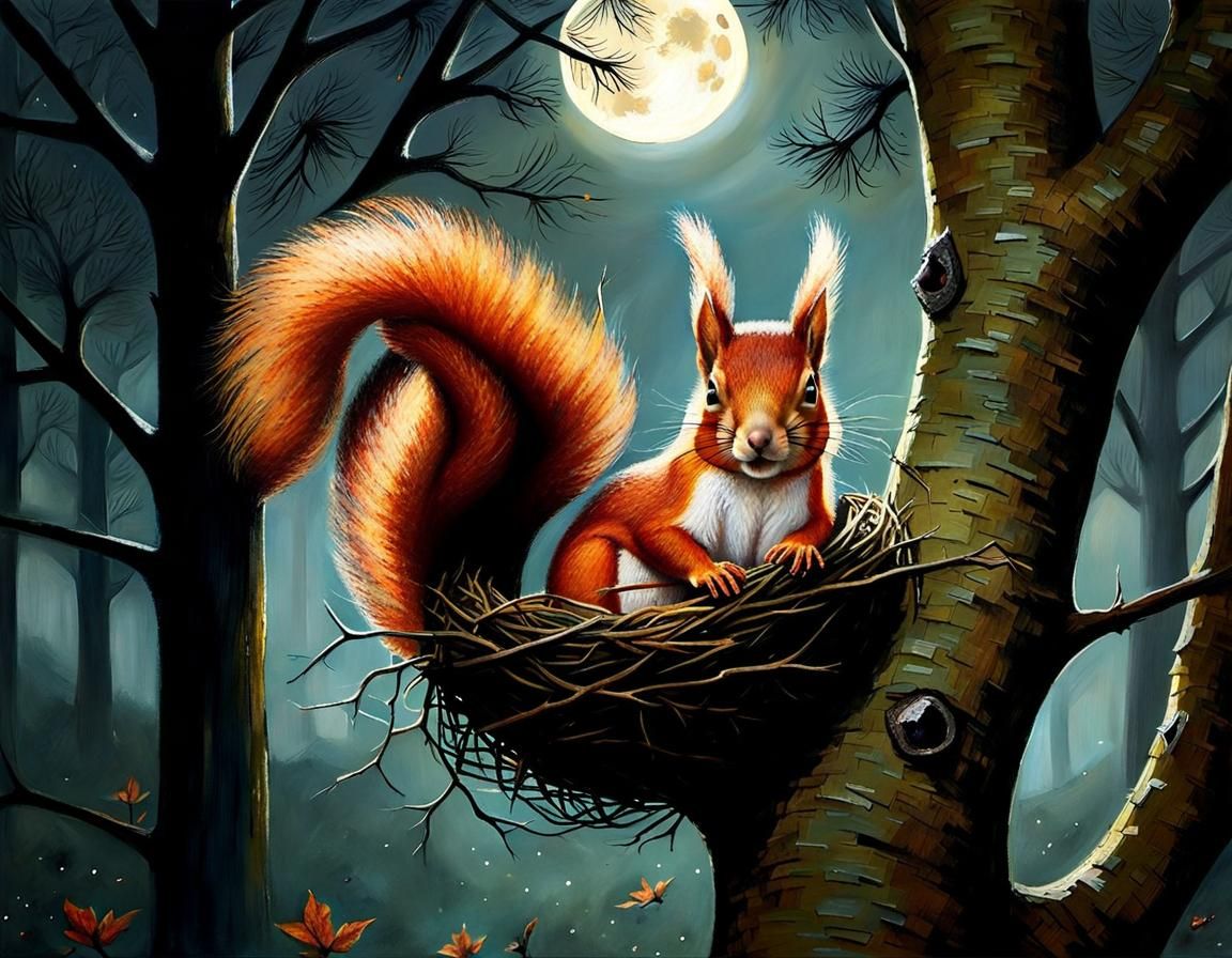 Red Squirrel Nest in Moonlight, Art Style Painting