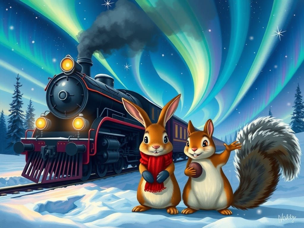 Whimsical Polar Express Scene with Rabbit and Squirrel