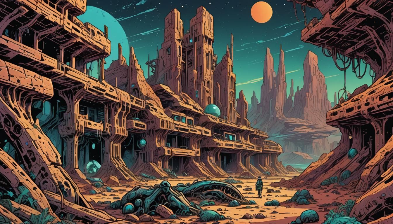 Retro Sci-Fi Ruins on Mars in Comic Book Style