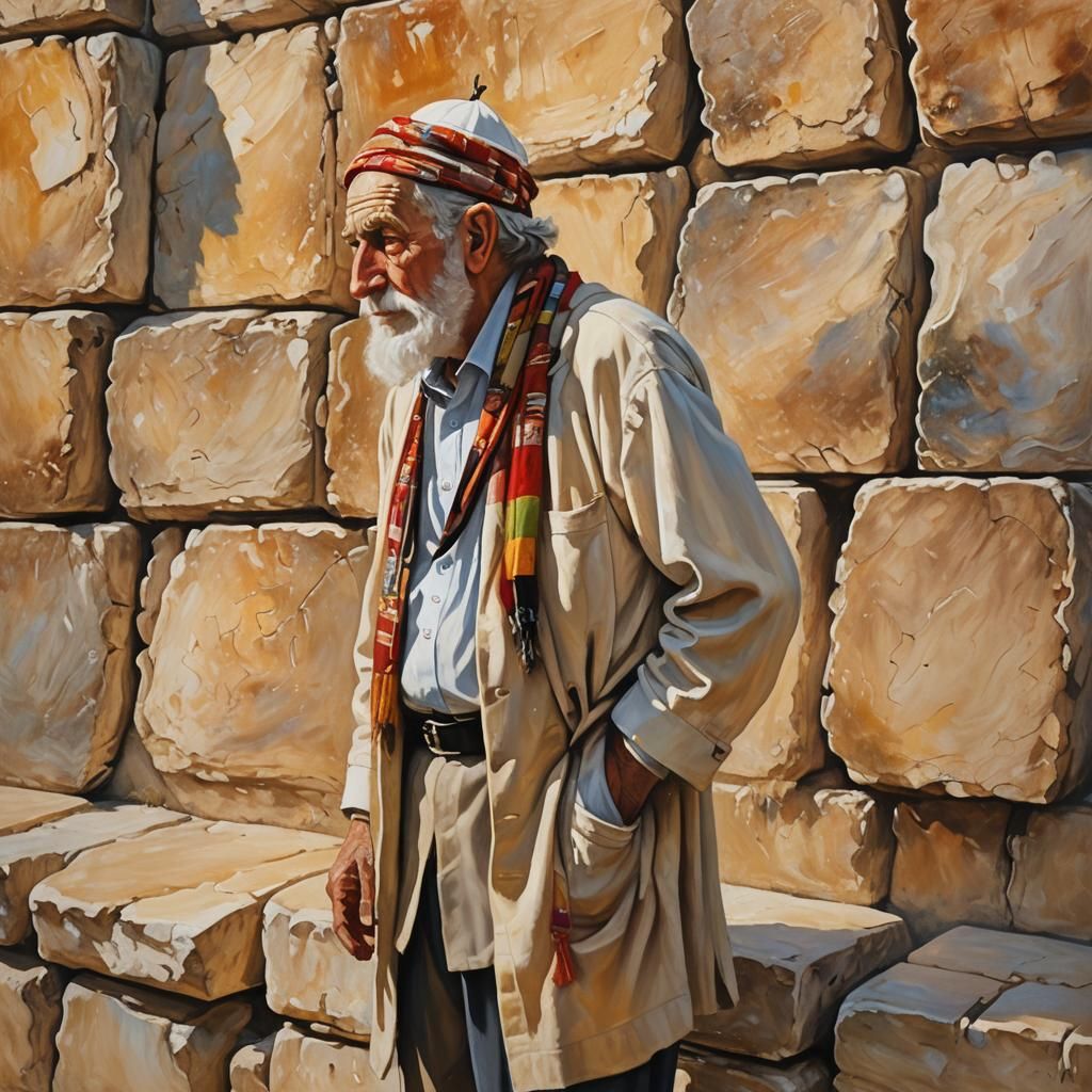 Jewish Man Praying at Western Wall in Oil Paint