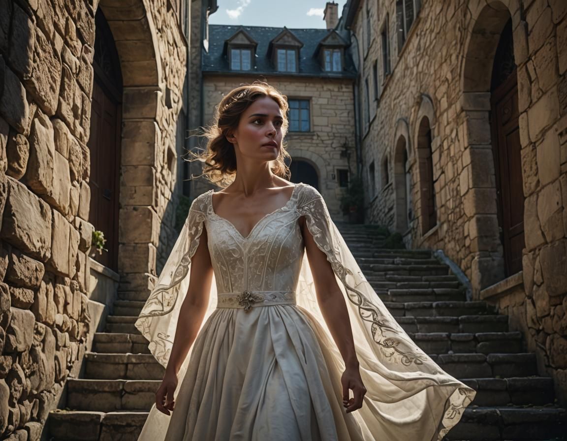 Woman Descending Staircase: Dramatic Lighting and Elegance