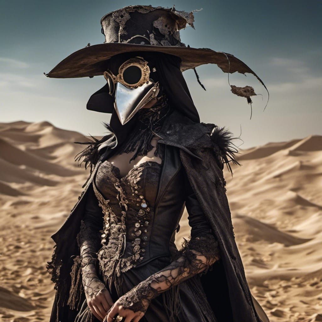 Veiled Plague Doctor in Desert Landscape