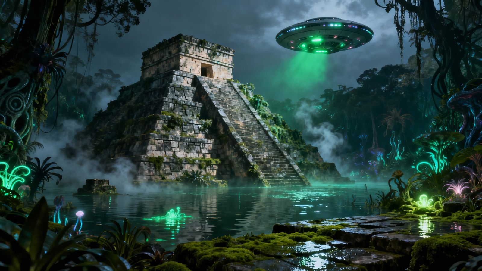 A colossal, ancient Mayan pyramid partially submerged in a d...
