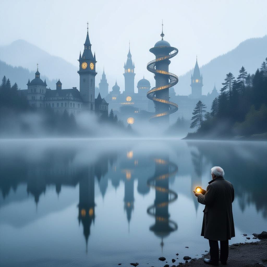 Impossible City Reflected in Lake, Surreal Image