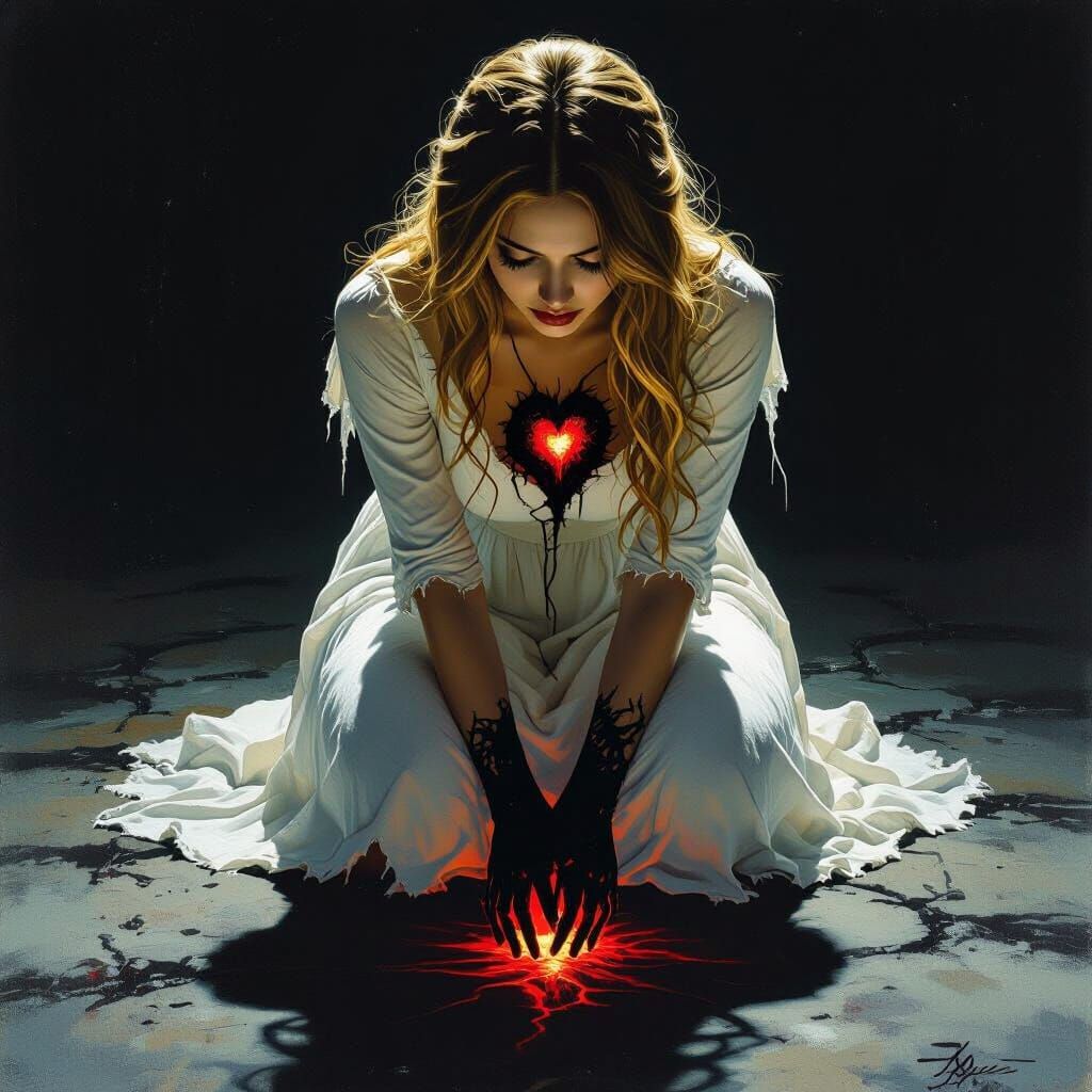 Haunting Woman with Glowing Heart, Rutkowski Style