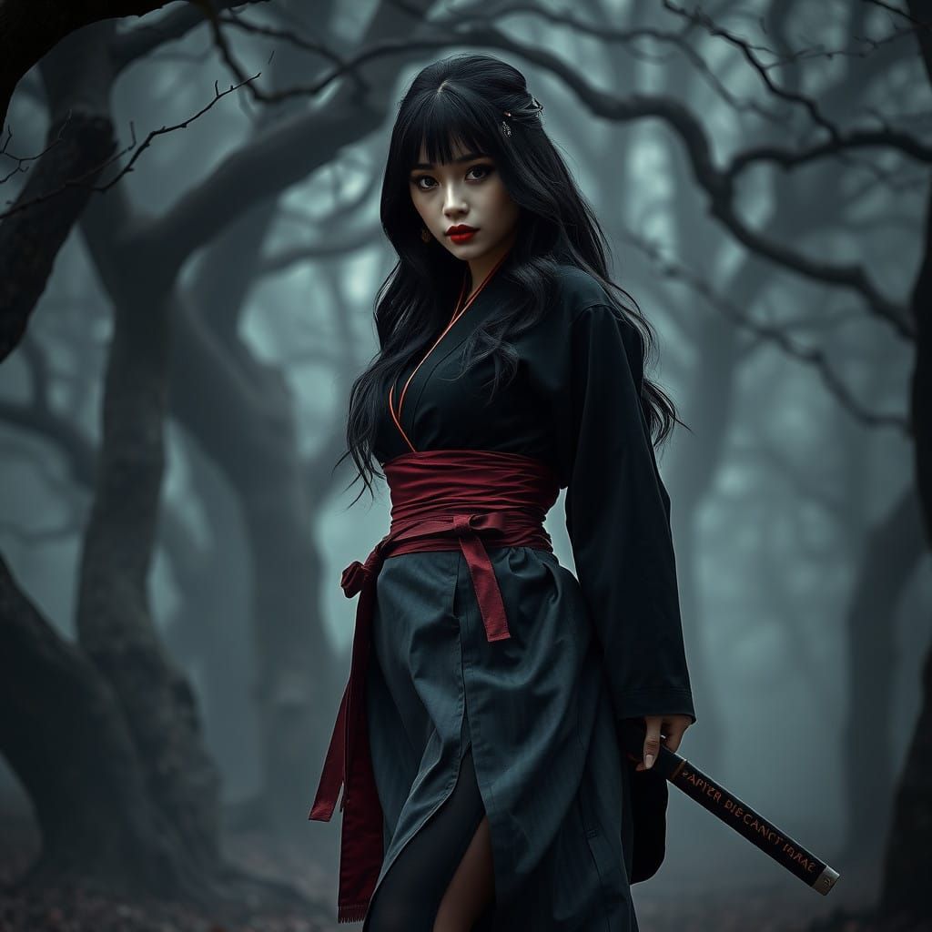 Gothic Samurai Goddess in Misty Forest