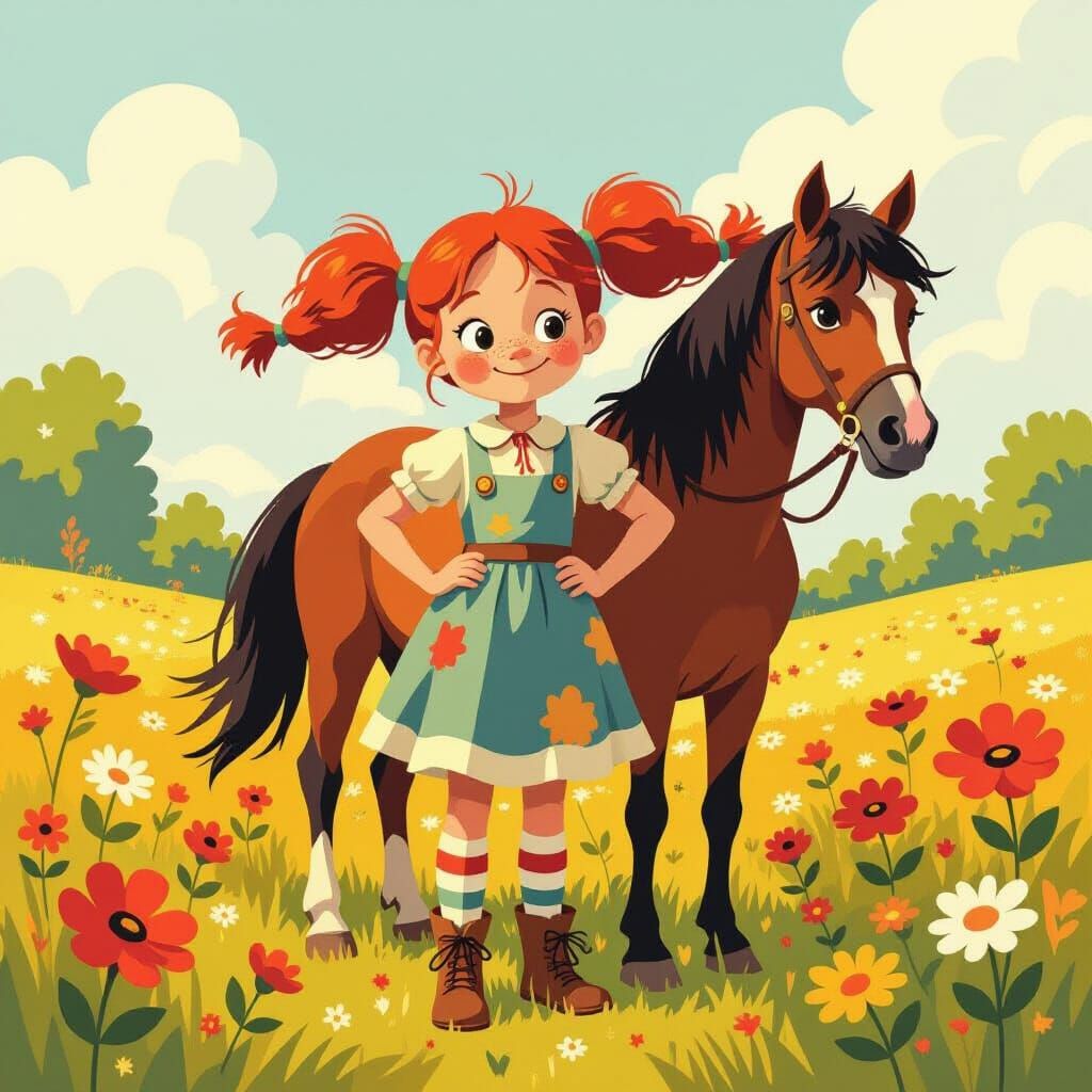 Pippi Longstocking in Whimsical Meadow with Horse