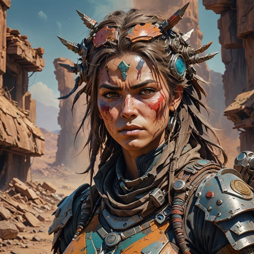Wasteland Warrior Woman: Hyperrealistic Splash Art
