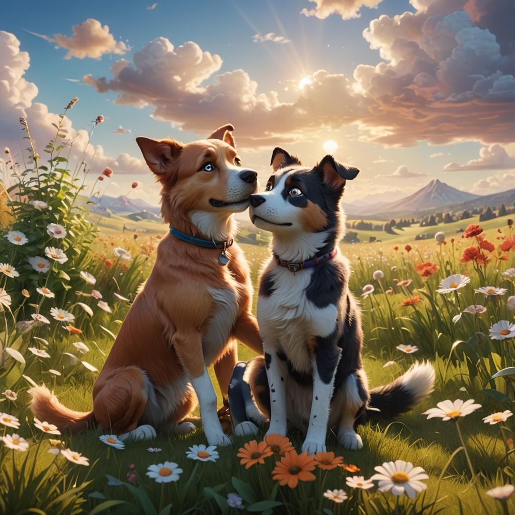 Dog and Cat Embrace: Pixar-Inspired 3D Animation