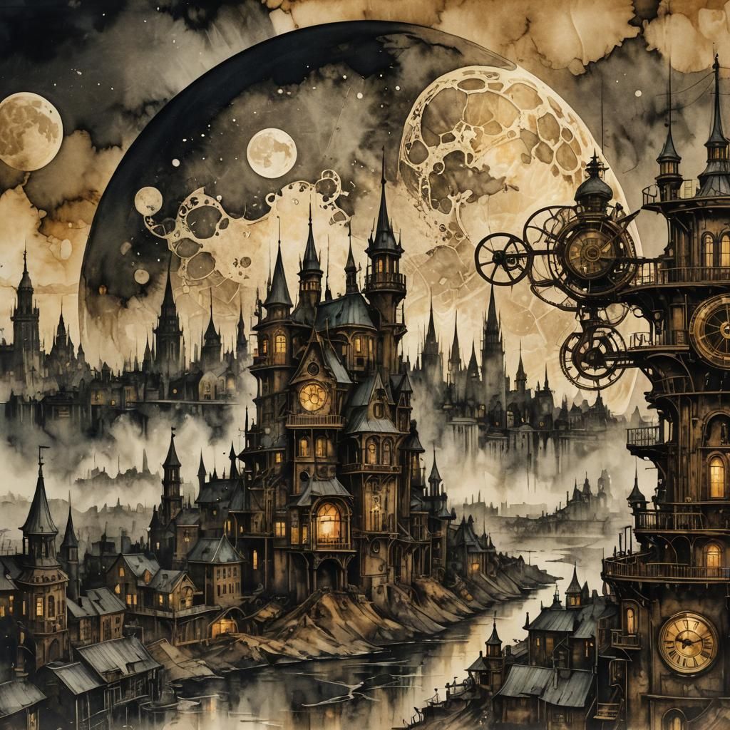 Steampunk Metropolis Under Moon in Double Exposure
