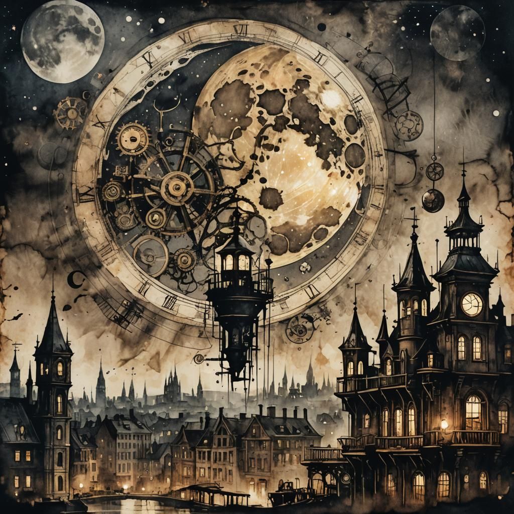 Steampunk Cityscape Under Moon in Ink Painting