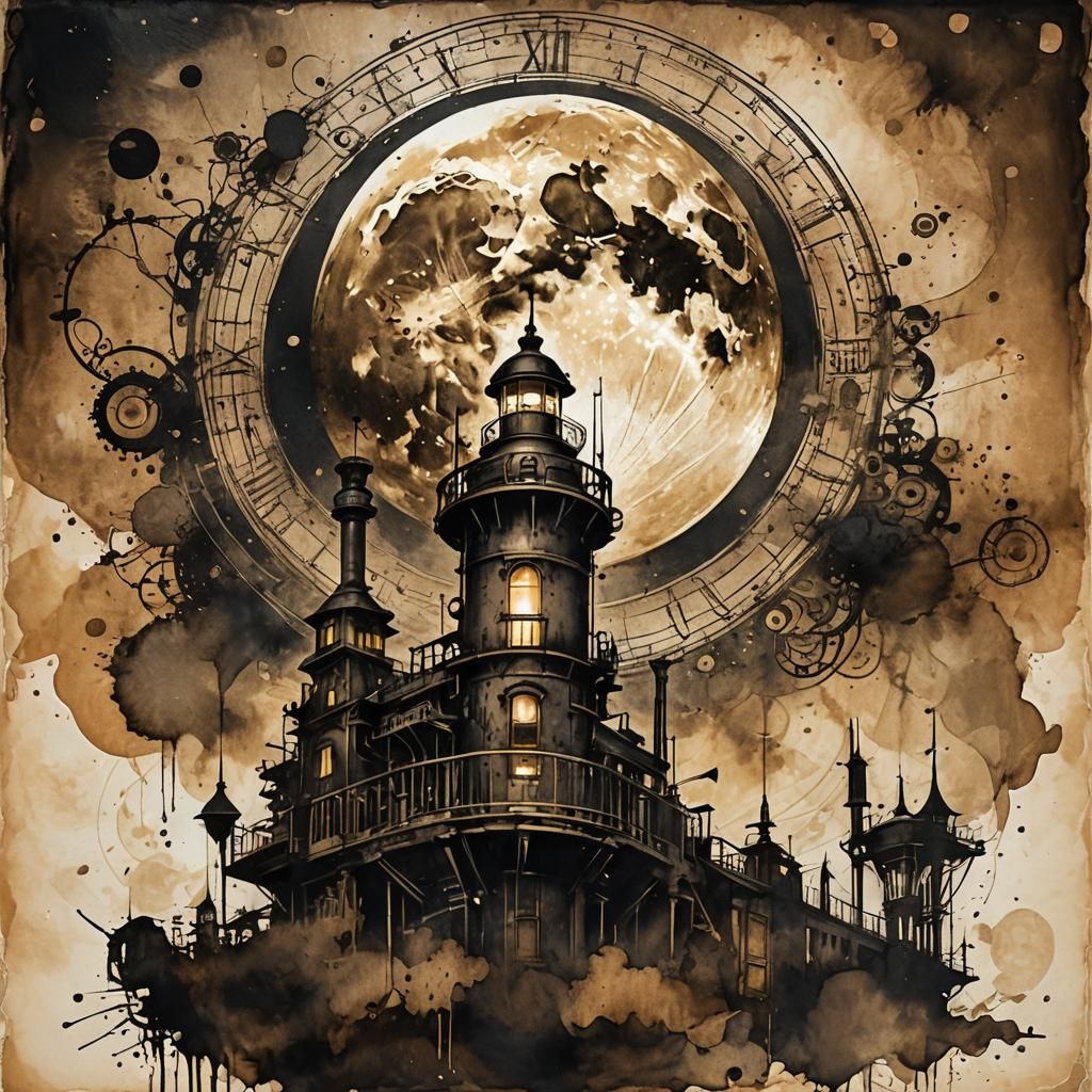 Steampunk Moon in Double Exposure Ink Painting