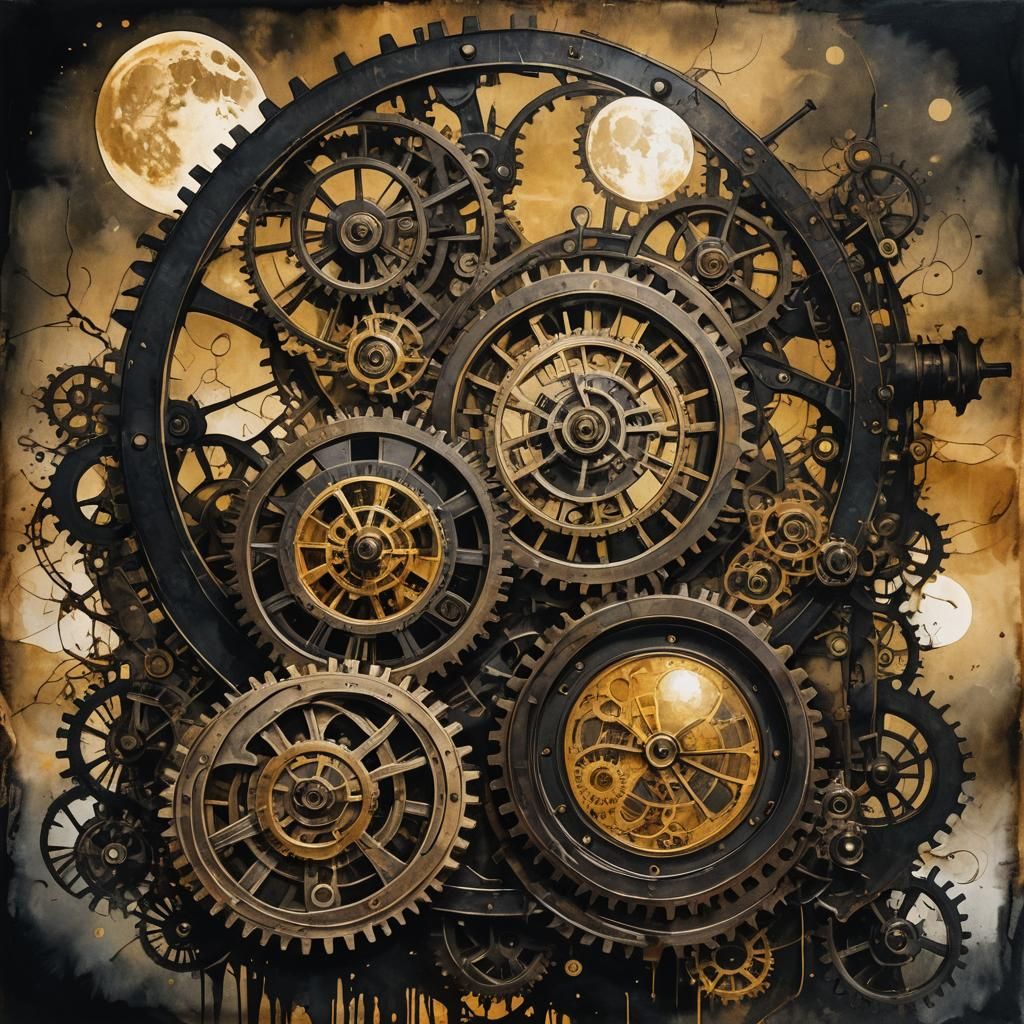 Steampunk Moon Rises in Ink Painting