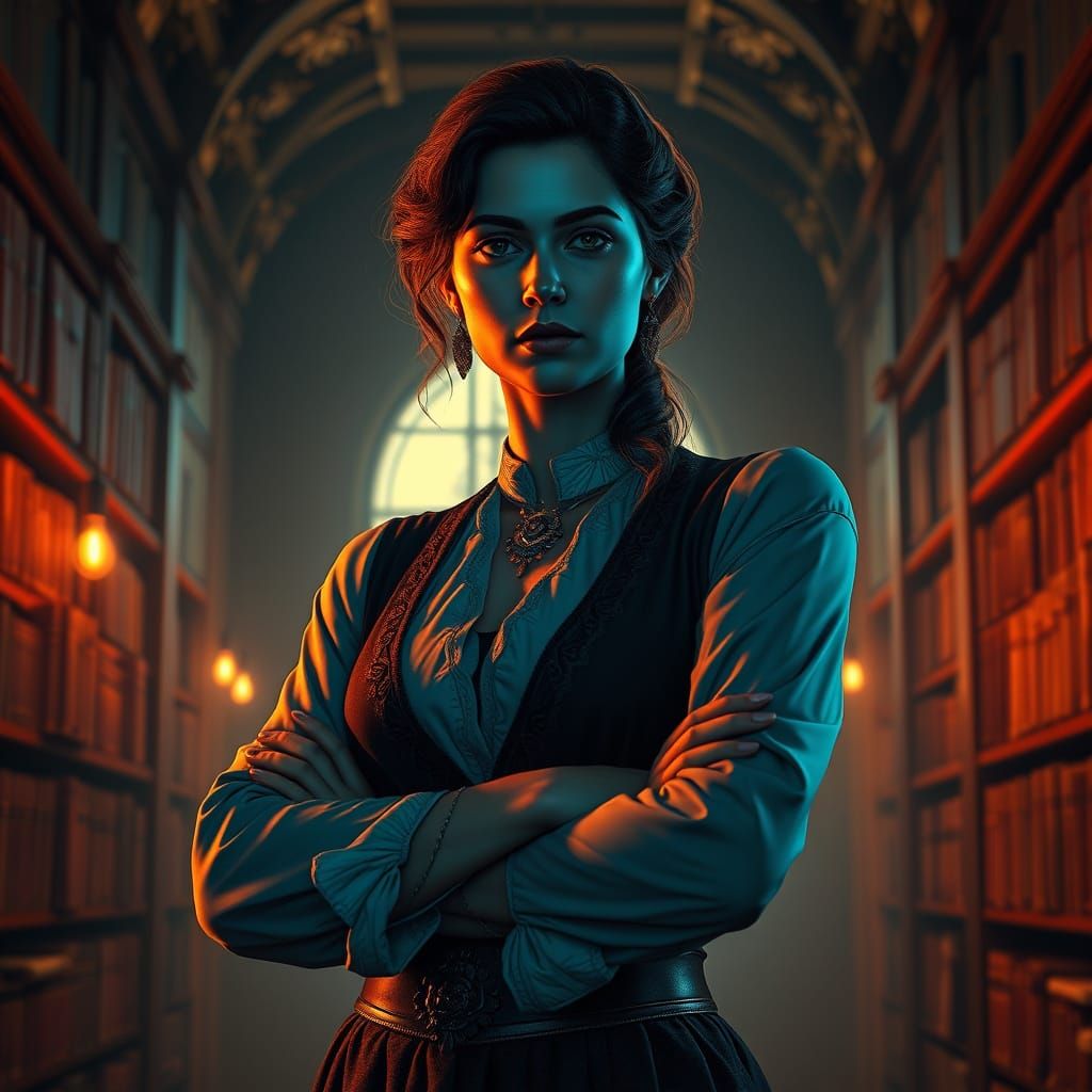 Elegant Woman in Library: Ornate Digital Portrait