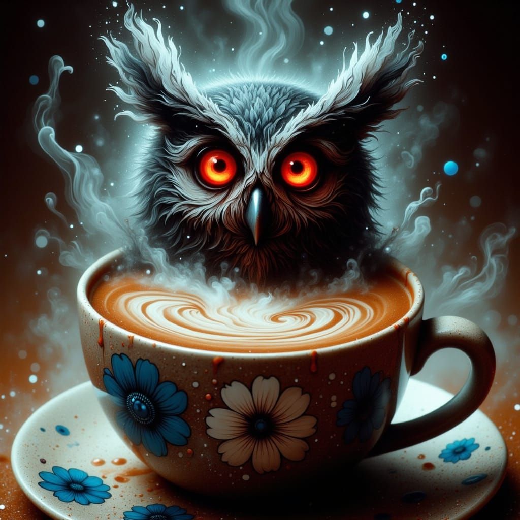 Caffeine-Addicted Owl's Agony in Coffee Cup