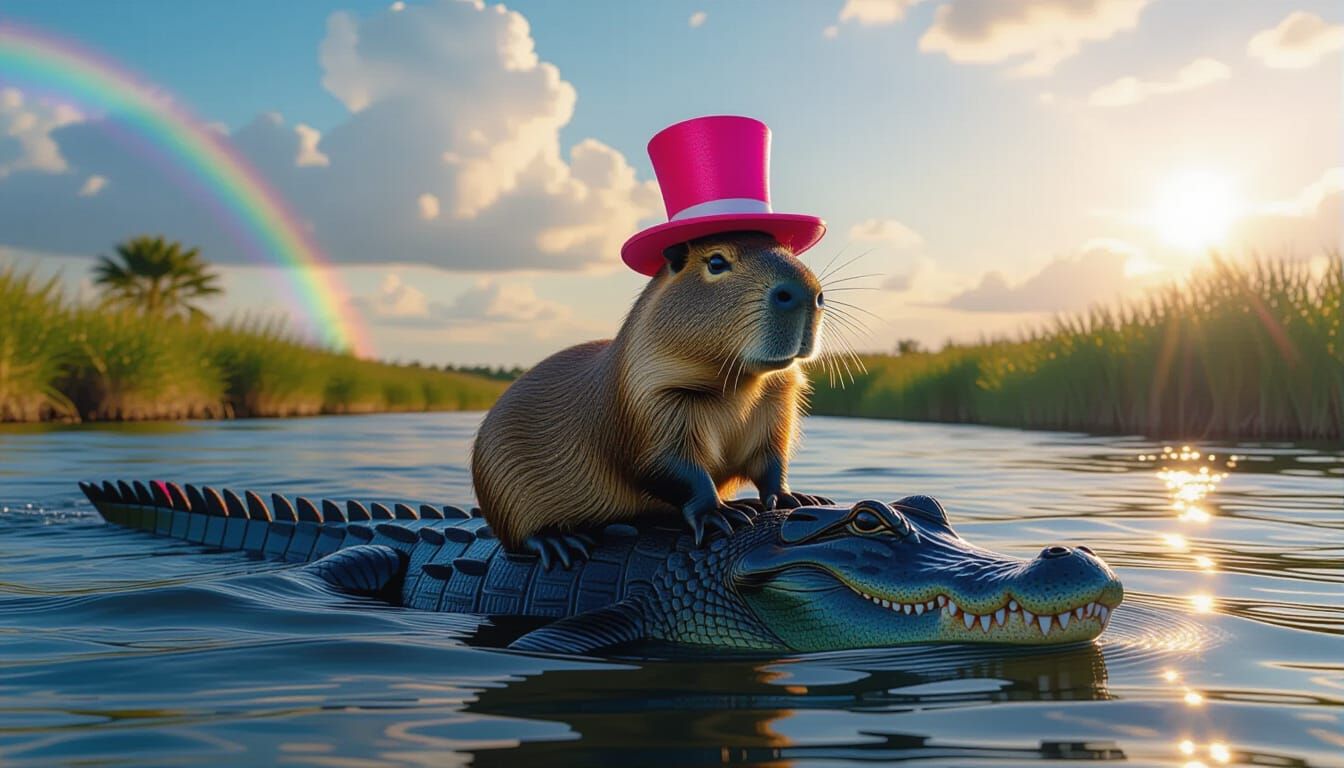Capybara on Cybernetic Alligator Across Rainbow River