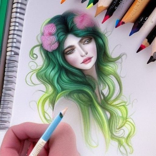 Pencil Sketch of Woman with Aurora Hair