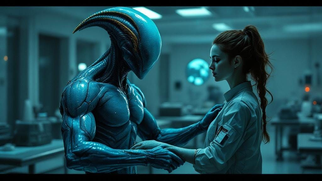 Bioluminescent Alien Rescues Scientist in Sci-Fi Lab