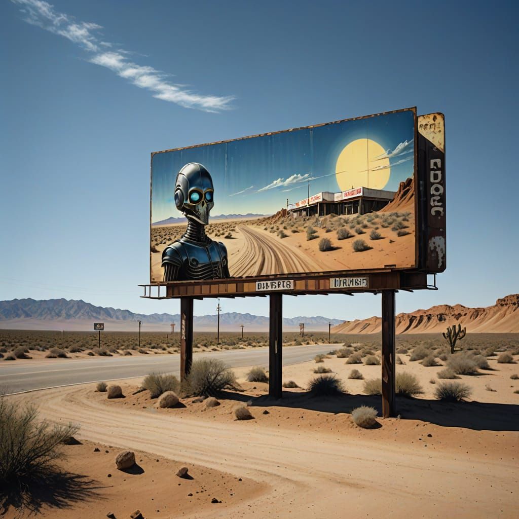 Retro-Futuristic Billboard on Desert Highway