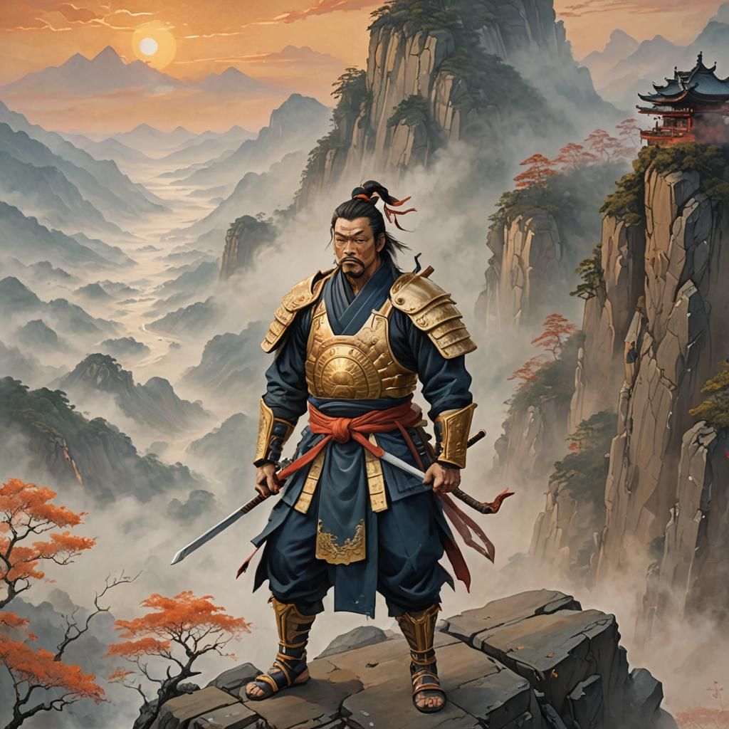 Asian Warlord Overlooking Misty Valley in Oil Painting Style